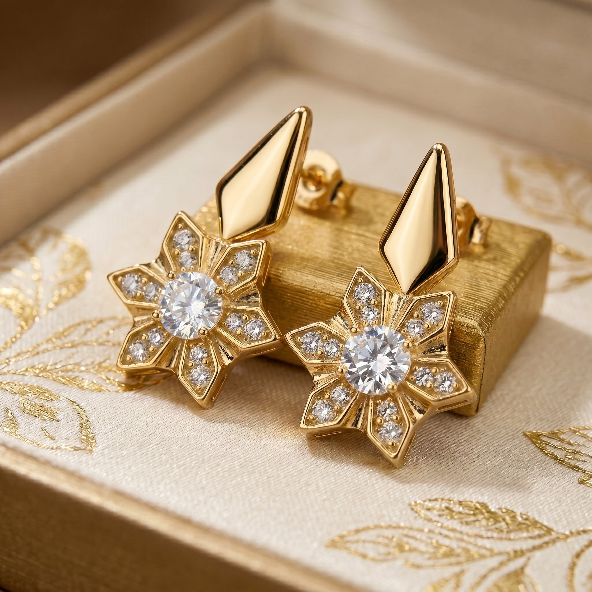 Gold Star Flower Drop Earrings with American Diamond Centre