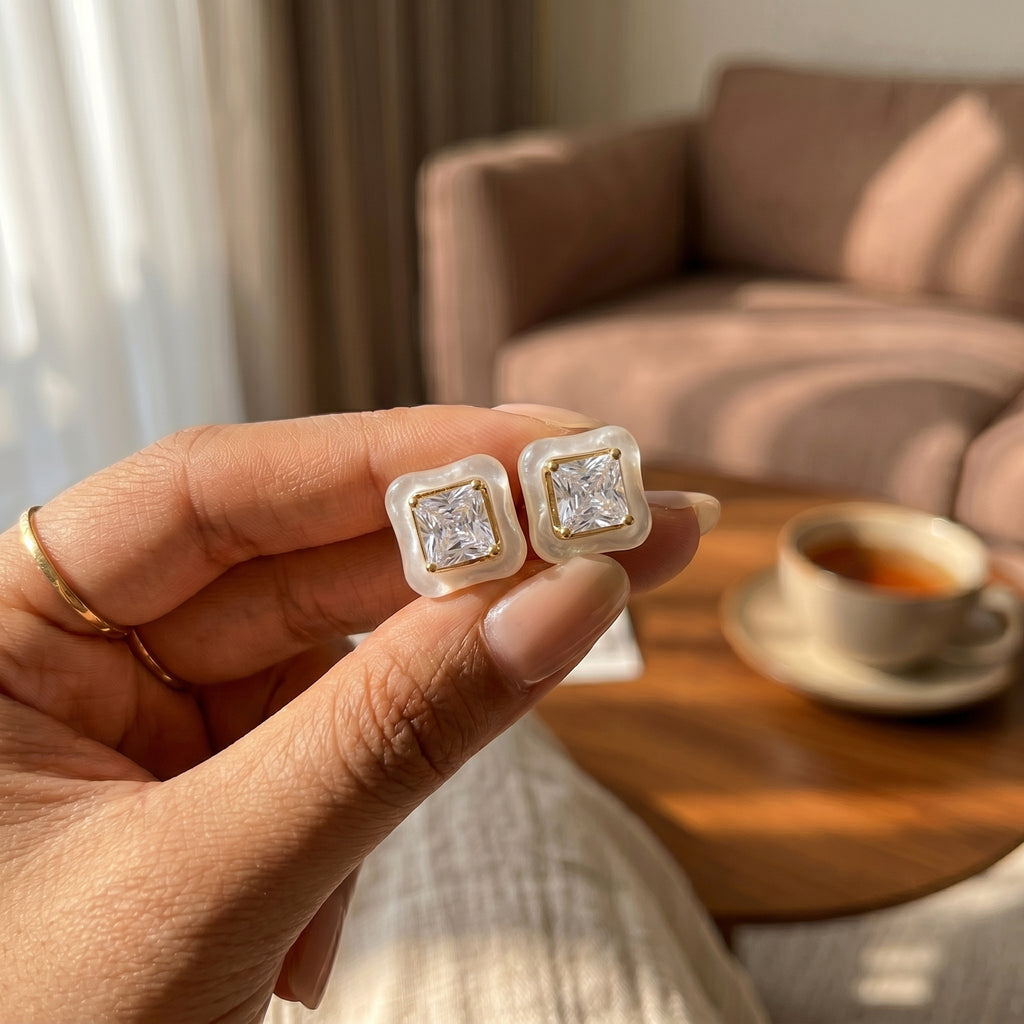 Clear Acrylic Frame Princess Cut CZ Gold Solitaire Stud Earrings