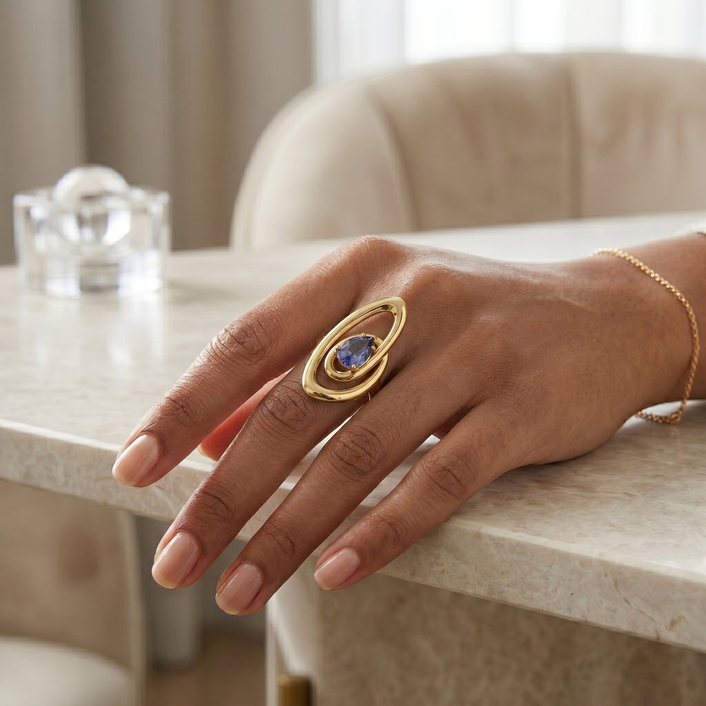 Double Orbit Statement Ring with Blue Pear Stone